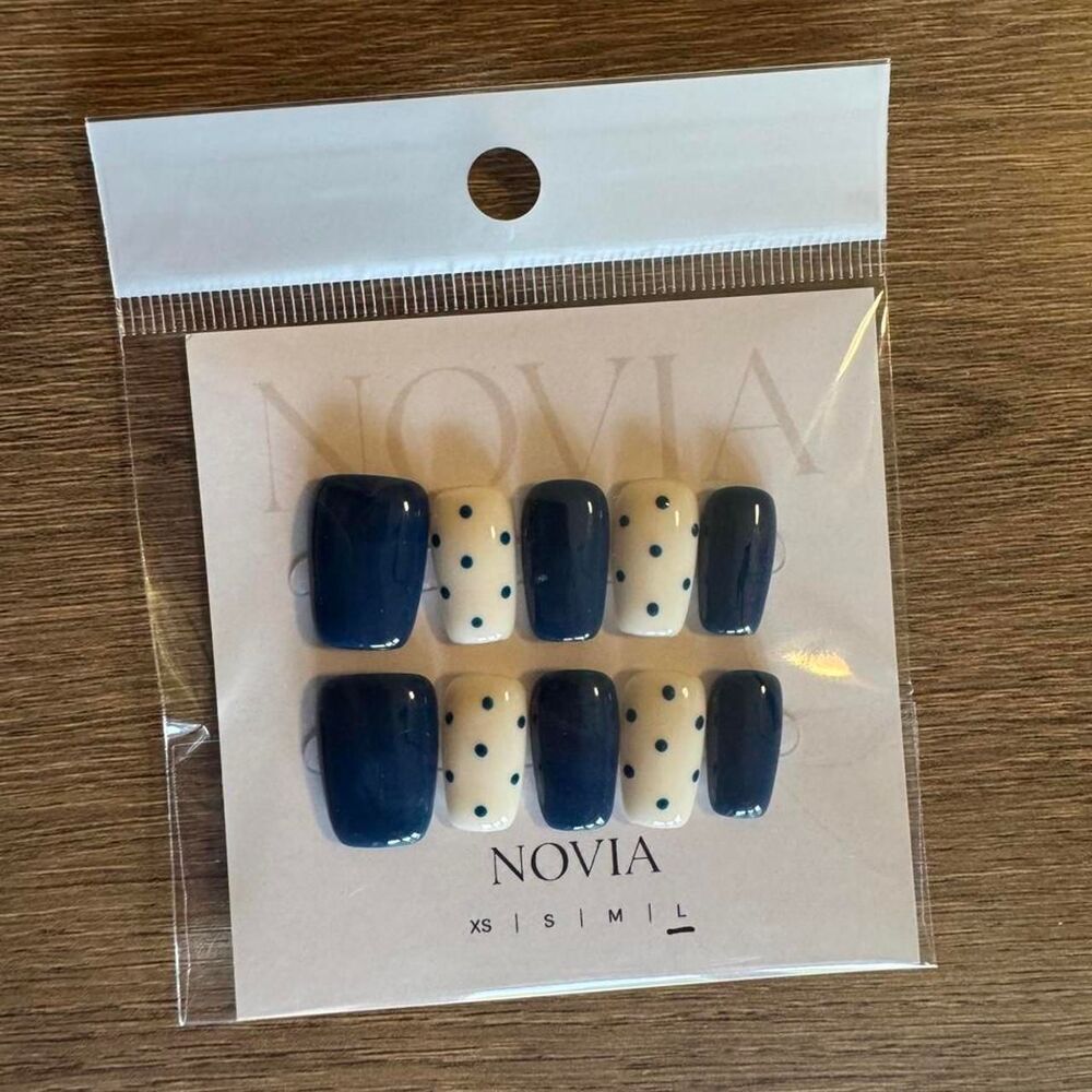 Navy Blue Polka Dot Press On Nails | Blue & White French Tip Nails | Size Large